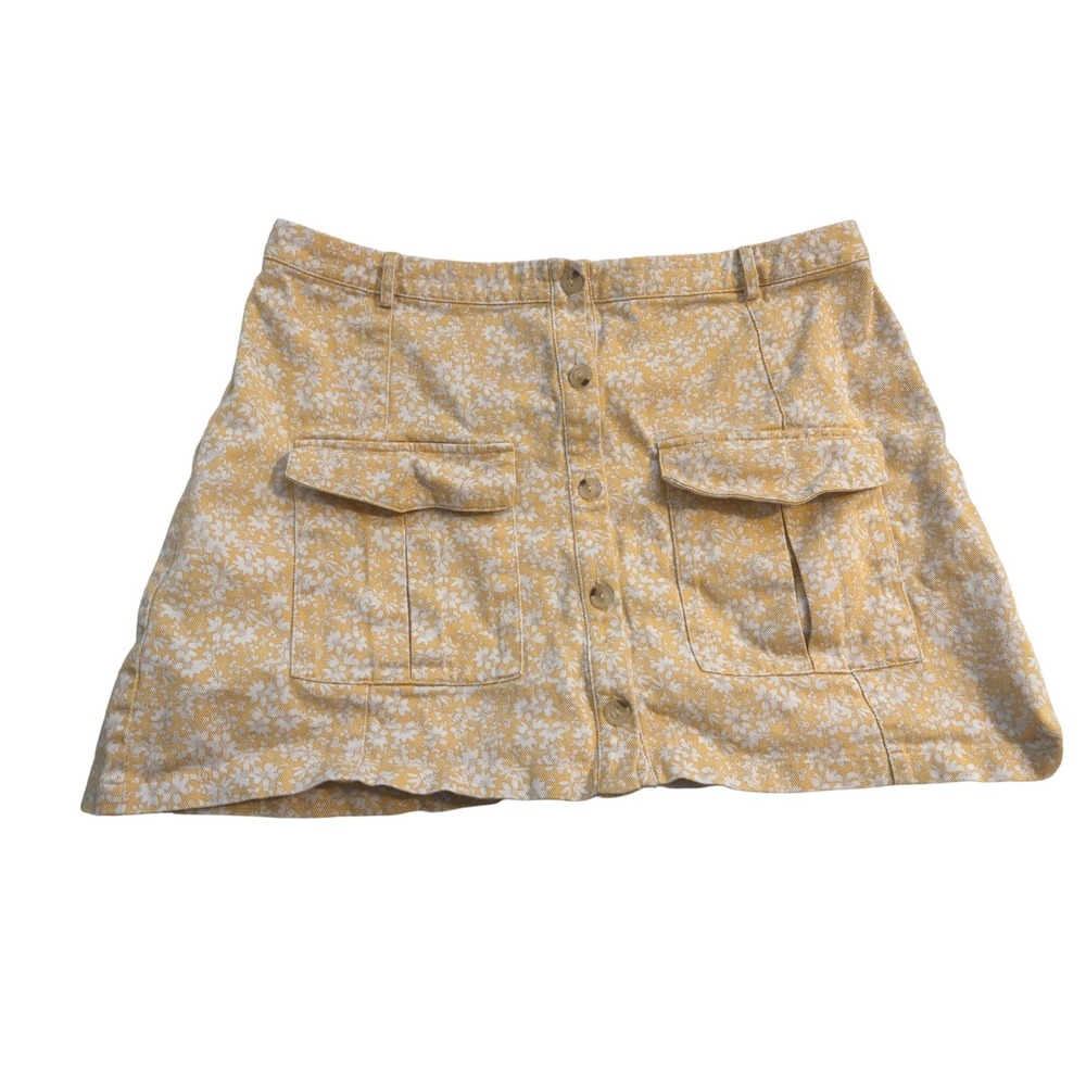 BP Nordstrom Yellow White Floral Button Front Mini Skirt XL Cargo Pockets Cotton